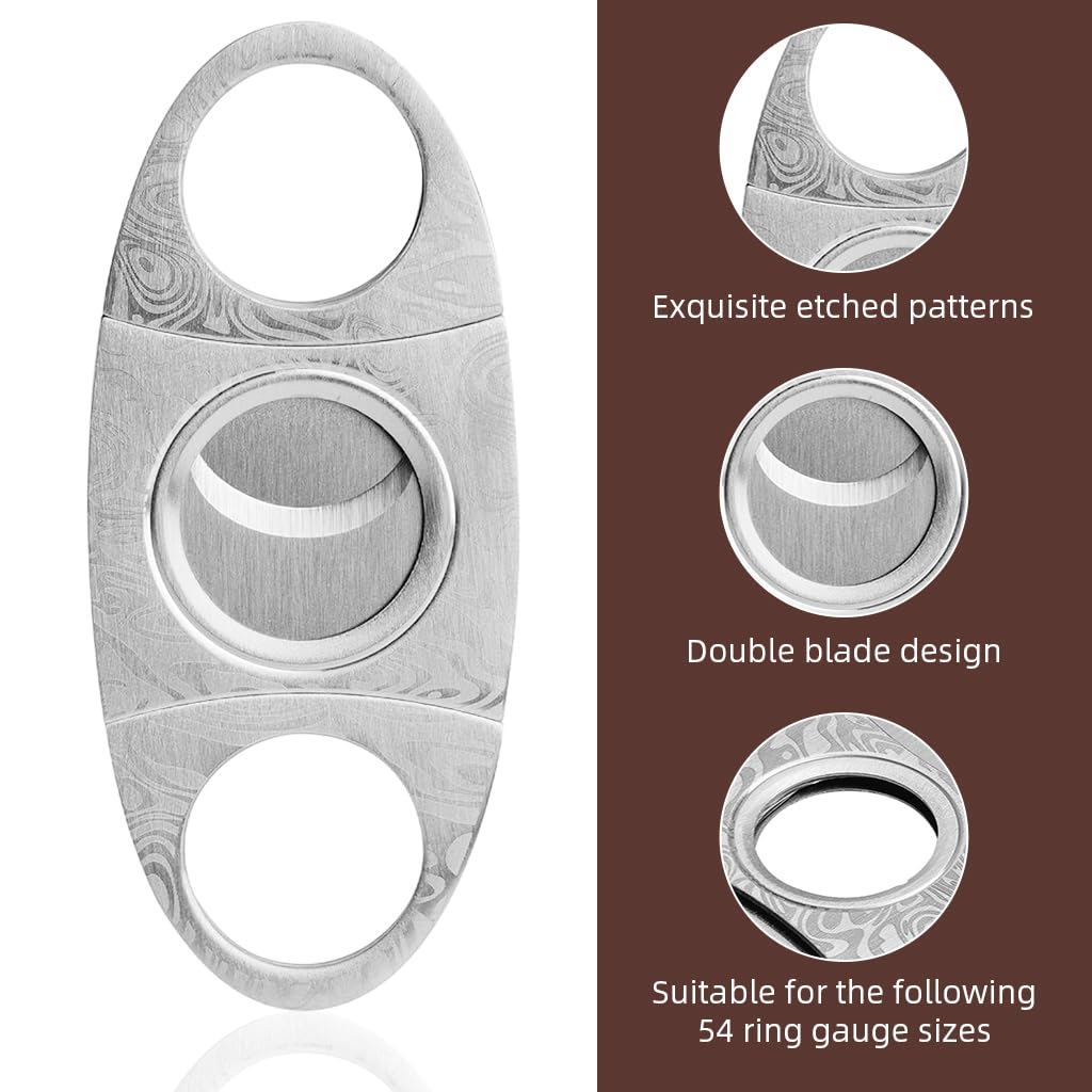HASTHIP Cigar Cutter with Double Stainless Steel Blades and PU Pouch | Silver Etched Design