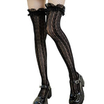 HASTHIP® Calcetas Largas Mujer Lolita, Medias Altas a la Rodilla de Encaje con Corazón y Rayas, Medias Dulces Japonesas Hollow Out Hasta el Muslo, Moda Sexy (Negro, 1 Par)