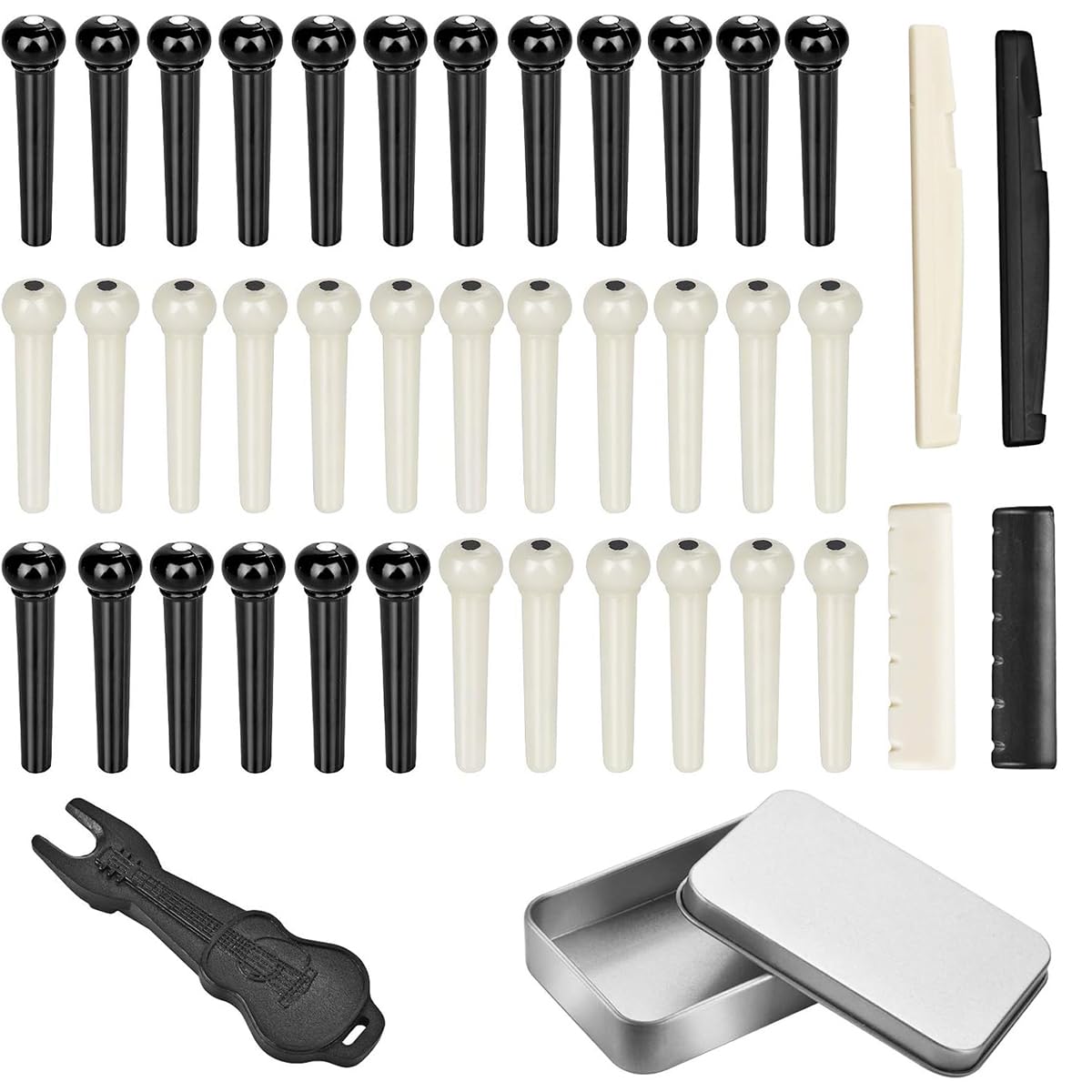 HASTHIP® 36PCS Clavijas de Puente para Guitarra Acústica con 2 Cejuelas y Tuercas,Pines de Cuerda Blanco y Negro,Herramienta Reemplazo Durable para Guitarras Folk Clásicas