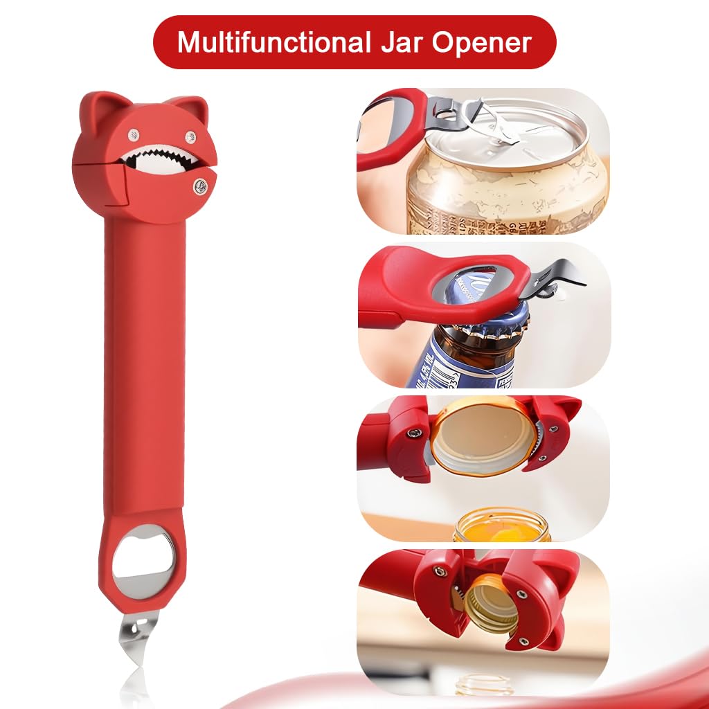 HASTHIP Retractable Multifunctional Can Opener with Adjustable Stainless Steel Cap Remover (Red)