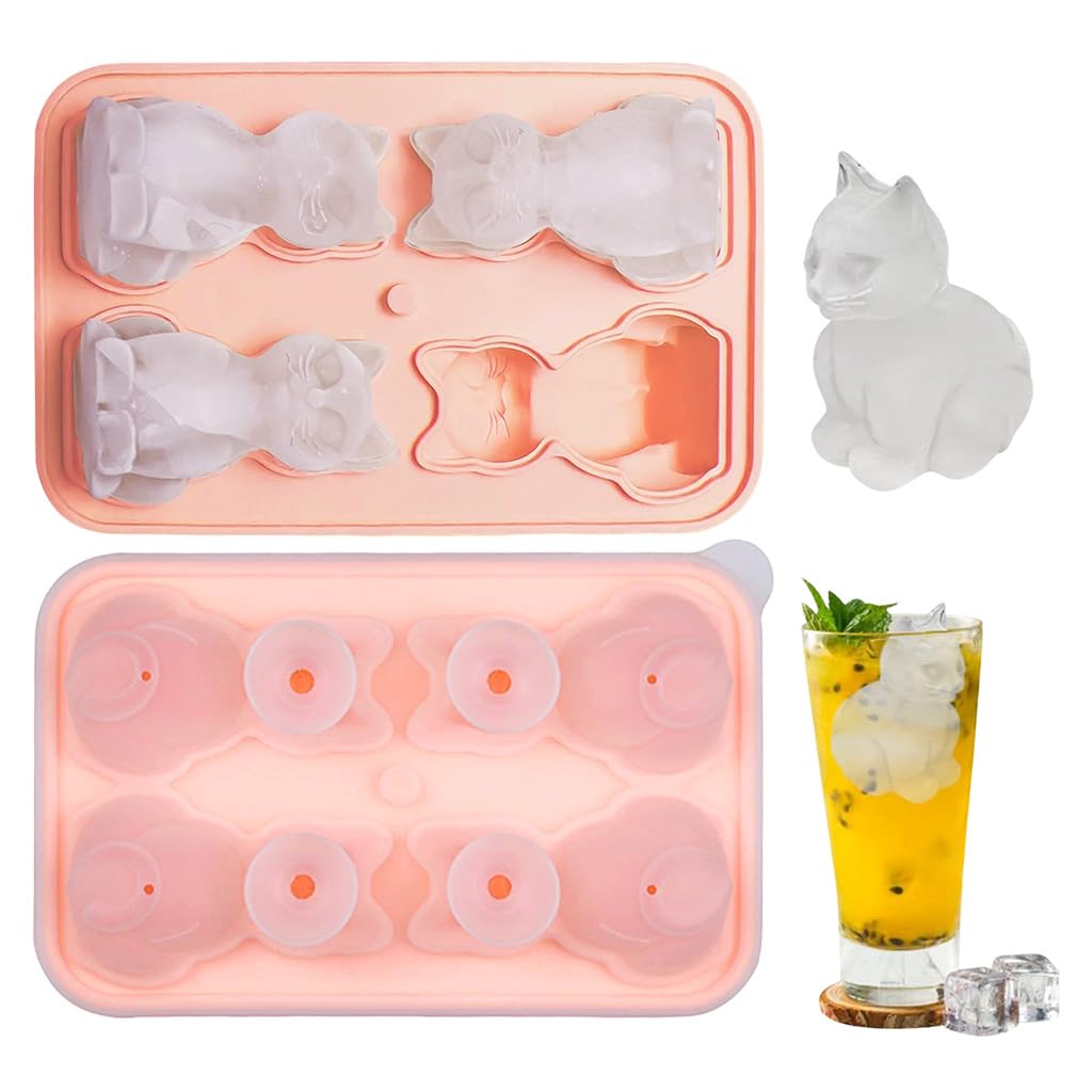 HASTHIP® Cat Ice Cube Tray,Large 2.2 Inch Silicone Whiskey Ice Mold for Cocktails,Bourbon and Brandy Cute Cat Shaped Cube Maker Fun Novelty Gift for Lovers-Pink