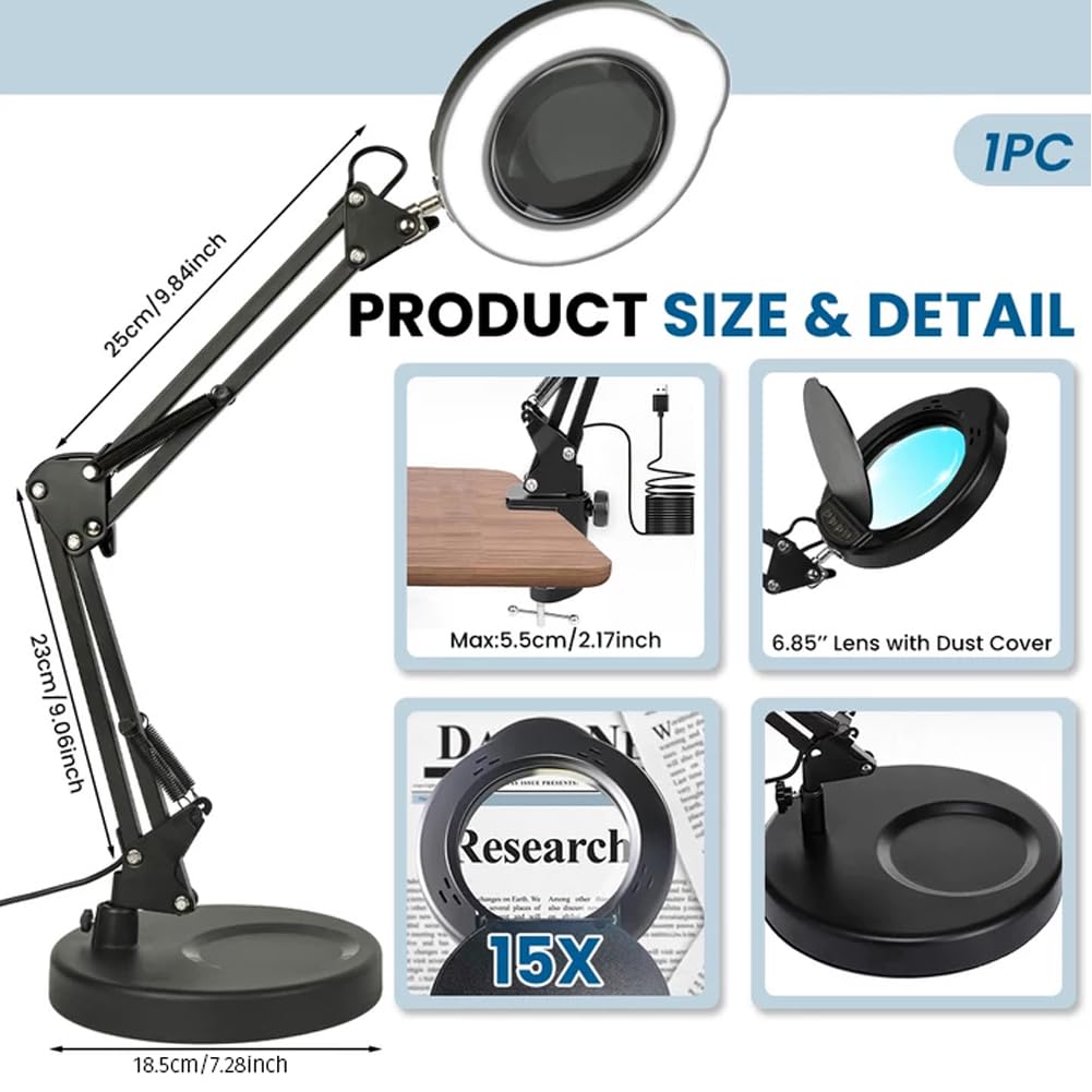HASTHIP Magnifying Glass for Reading and Craft with 15X 4.2in Glass Lens and Clamp Stand | 5 Color Stepless LED Light