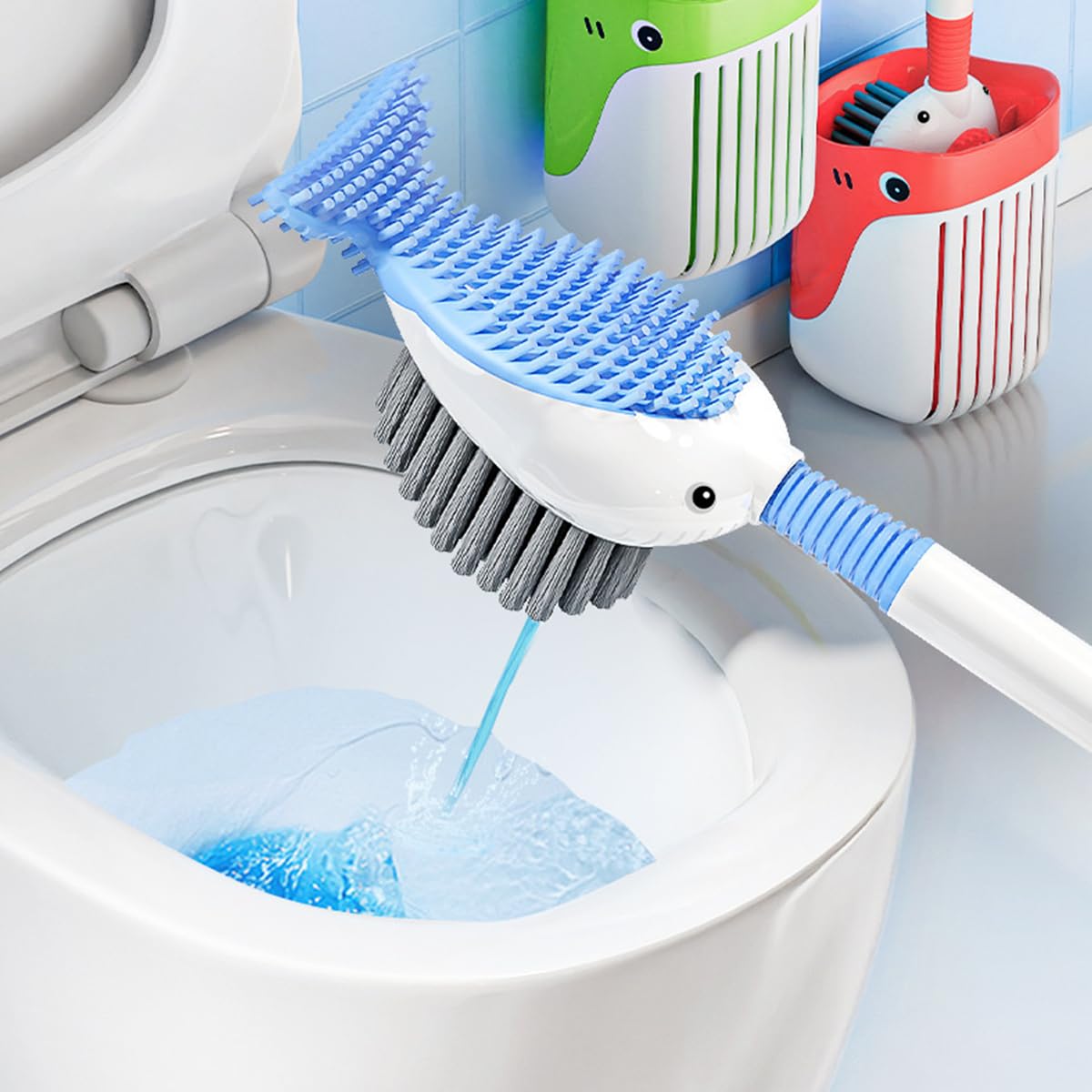 HASTHIP Toilet Brush 2PC for Bathroom Cleaning with 16 in Dual Sided Silicone Design | TPR Bristles and Soap Dispenser