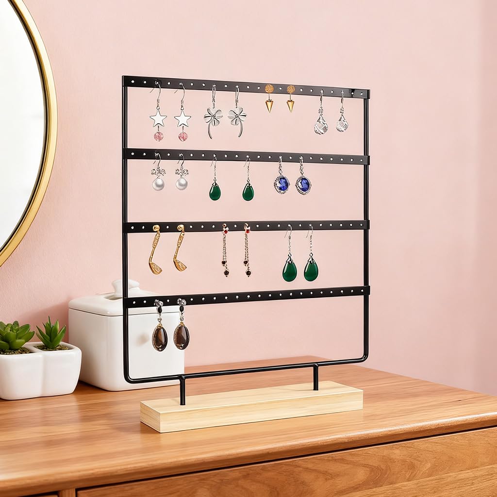 HASTHIP Earrings Organizer for Display with 4 Tier 88 Slot Metal Stand and Wooden Base | for Women
