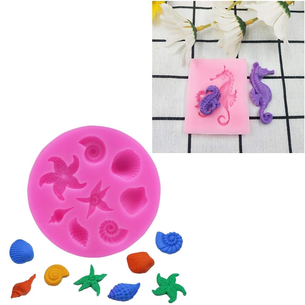 HASTHIP® 6 Pack Marine Theme Silicone Fondant Molds for Resin Art, DIY Craft Mermaid Tail, Seahorse, Starfish, Conch, Seashell, Turtle Food Grade, Multipurpose Baking & Casting Kit, 2 PCS Each