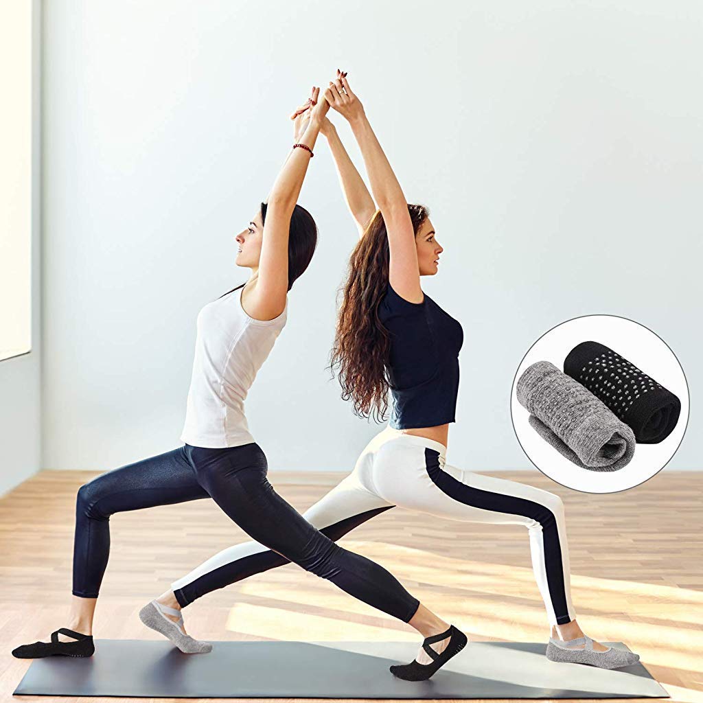 Proberos 2 Pairs Cotton Yoga Socks Sport Fitness Half Toe Ankle Grip Gym No-Slip Socks for Pilates, Barre, Ballet, Barefoot Workout (Black/Gray)
