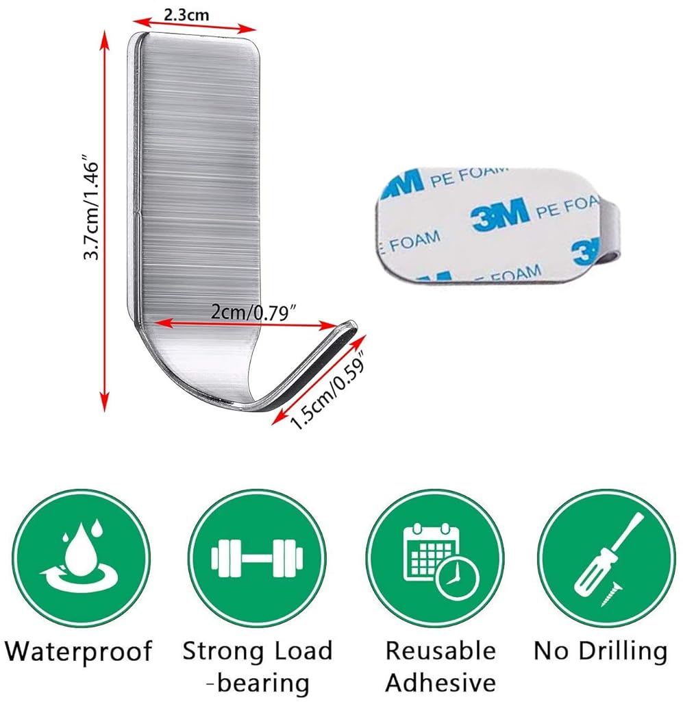 HASTHIP® Hooks for Wall Without Drilling, Stainless Steel Adhesive Wall Hanger Self Adhesive Waterproof Heavy Duty Sticky Narrow Wall Hooks (Pack 8).
