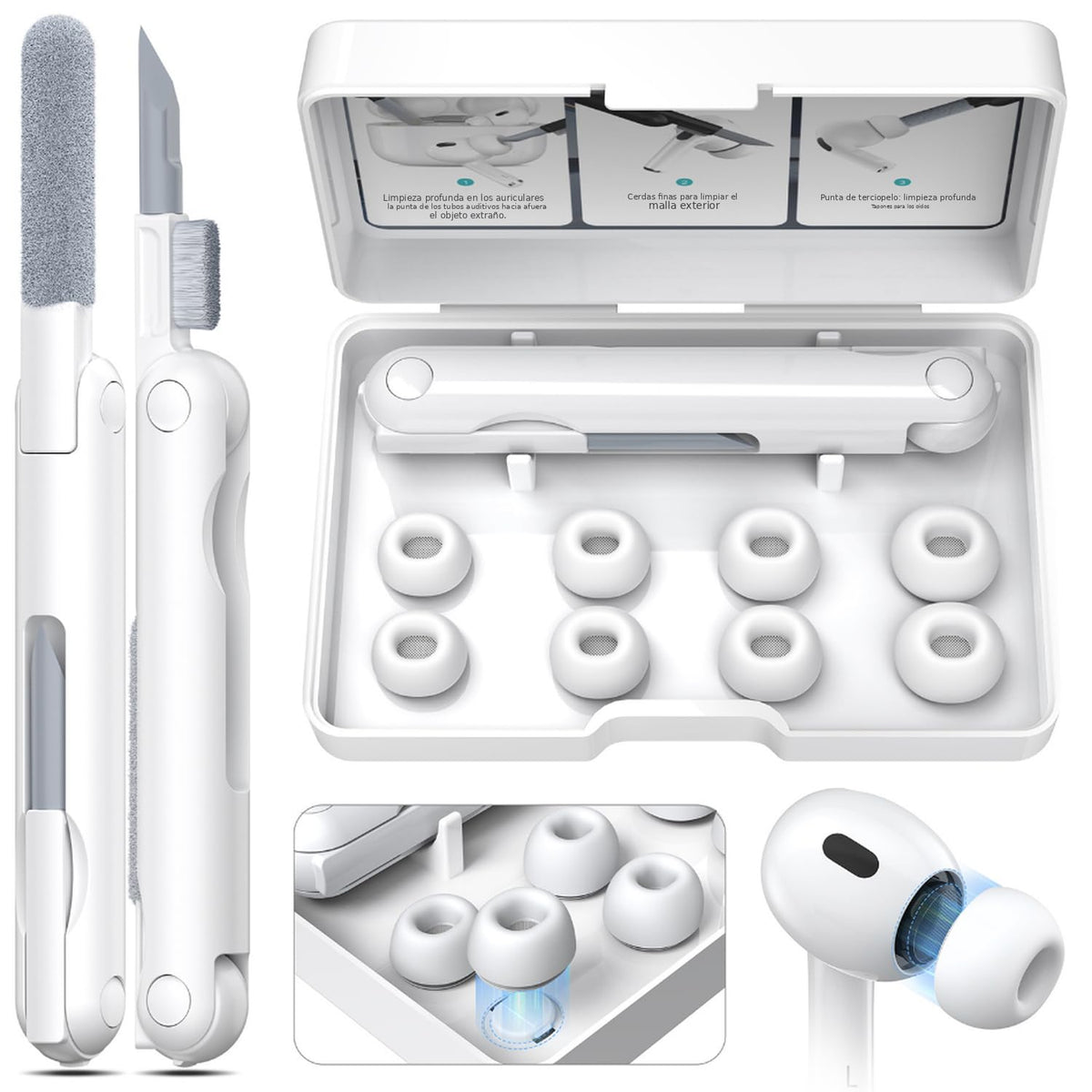 HASTHIP® Puntas de Silicona Repuesto para AirPods Pro y AirPods Pro 2, 4 Pares Puntas Blancas Silicona Suave, 4 tamaños, Ajuste cómodo y Delicado, con Herramienta de Limpieza telescópica Doble Cabezal