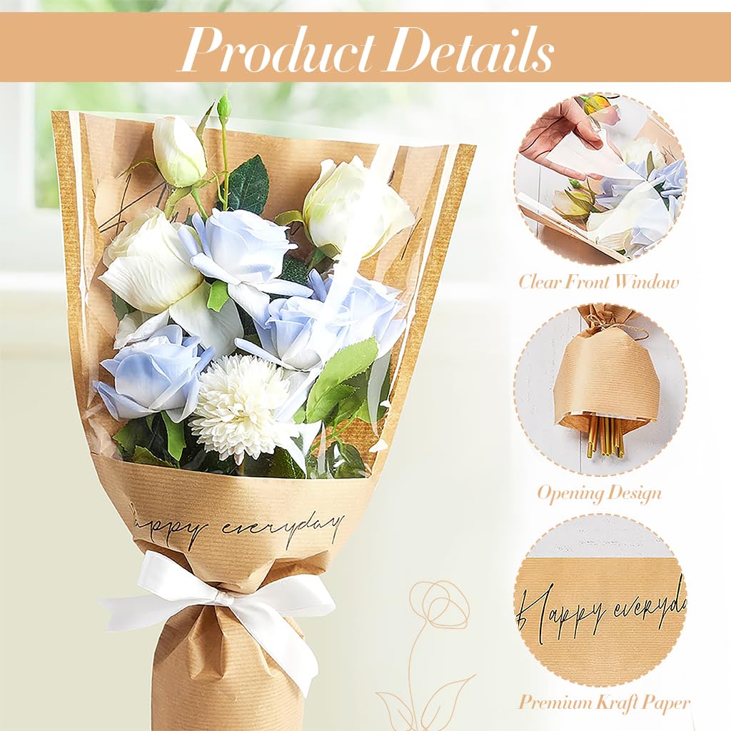 HASTHIP Flower Wrapping Paper for Bouquets with Transparent Front and 20Pcs Brown Print | Ideal for Florists and Weddings