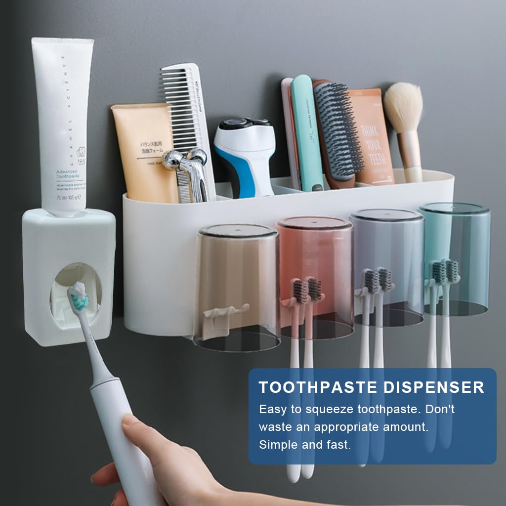 HASTHIP Toothbrush Holder with Toothpaste Dispenser and Adhesive Mount | Holds 4 Brushes & Cups for Family Bathroom Organization