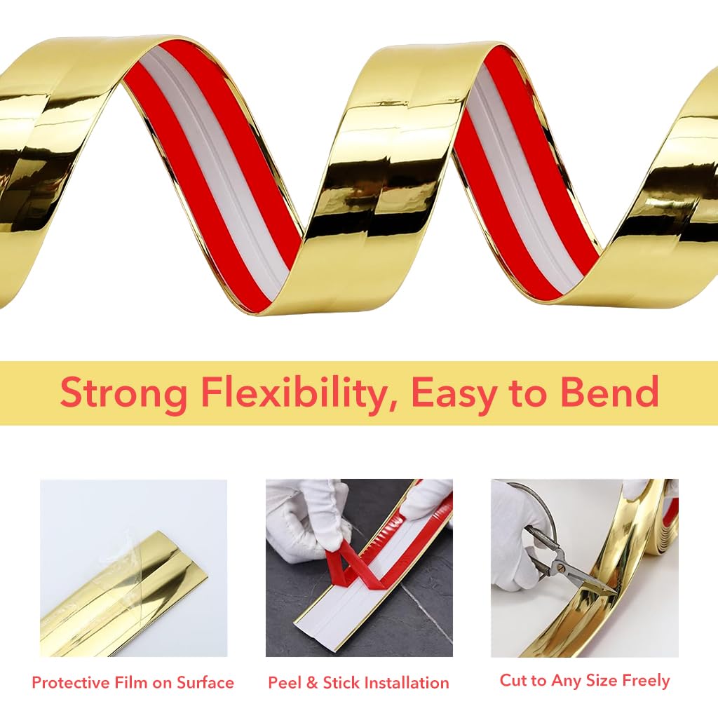HASTHIP Wall Molding Trim for Home Decoration with Peel and Stick Design | 9.84 ft Golden PVC