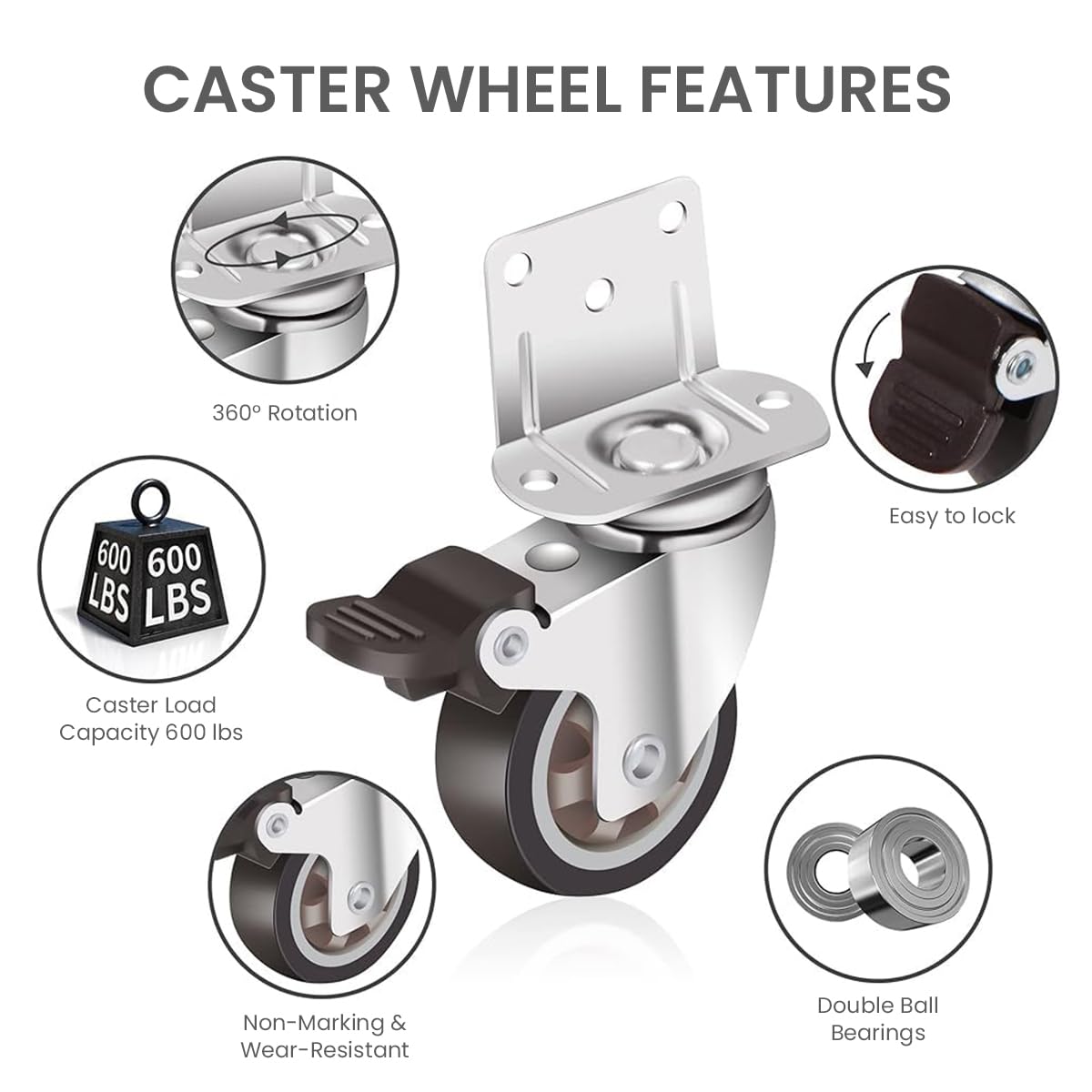 HASTHIP L Shaped Caster Wheels for Furniture with Brakes 12PCS 1 Inch 360° Swivel | Soft Rubber Silent Design