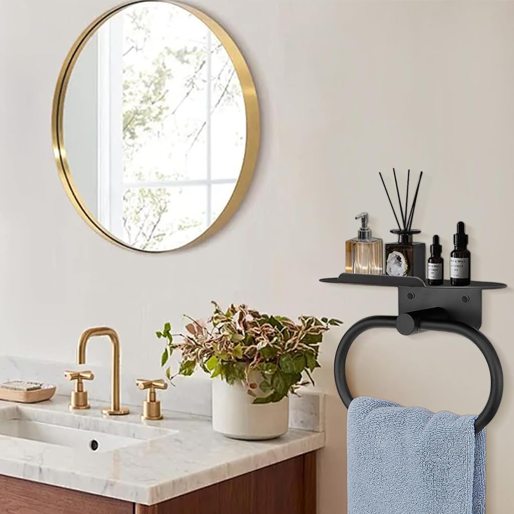 HASTHIP Round Towel Ring with Shelf for Bathroom and Kitchen featuring Self Adhesive Wall Mount | Space Saving Steel Organizer
