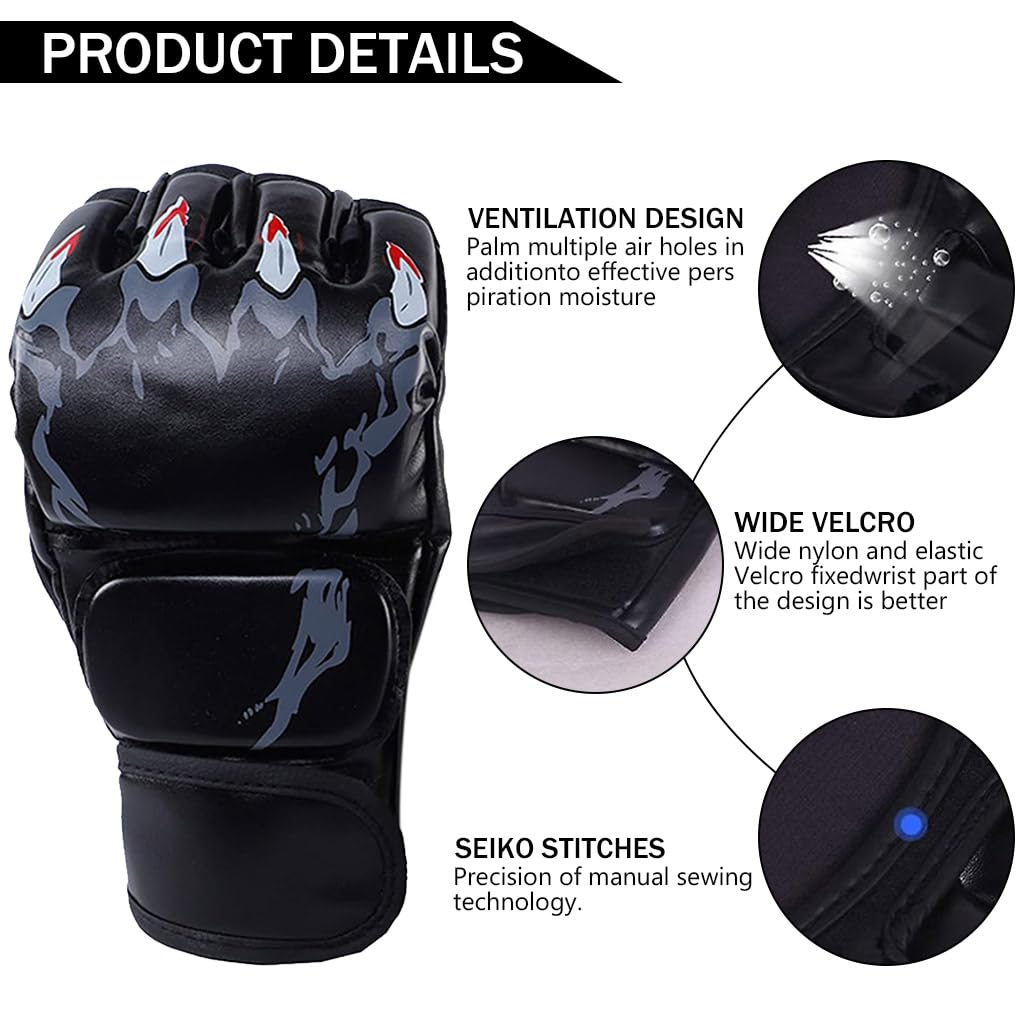 HASTHIP® Boxing Gloves Black Print MMA Gloves with Adjustable Wristband, Breathable Fingerless MMA Gloves for Boxing, Muay Thai and Sparring Sessions, Punching Gloves