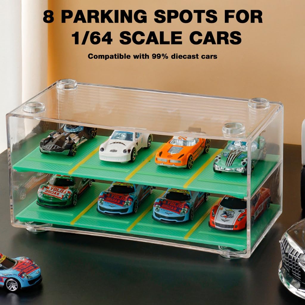 HASTHIP Car Models Display Case for 1:64 Racing Cars with 2 Tiers and 8 Compartments | Stackable Acrylic Dustproof Organizer