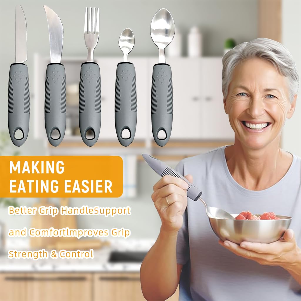 HASTHIP Adaptive Utensils 5pcs for Hand Tremors and Arthritis featuring Bendable Heads and Anti Slip Handles