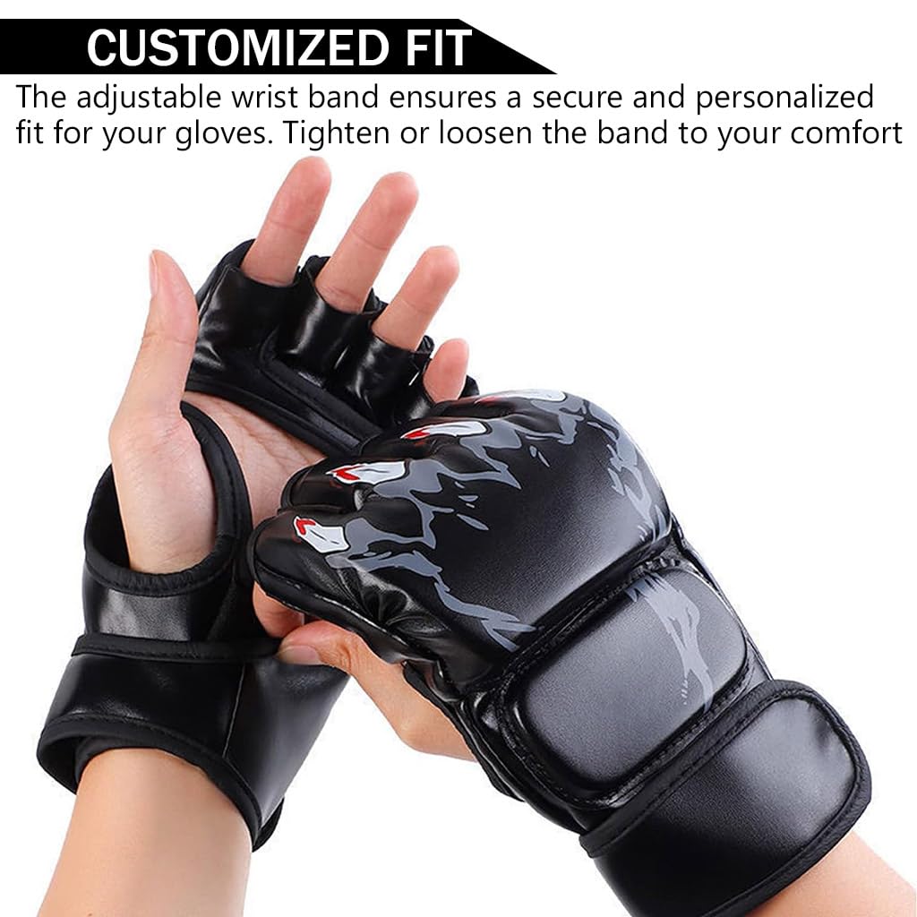HASTHIP® Boxing Gloves Black Print MMA Gloves with Adjustable Wristband, Breathable Fingerless MMA Gloves for Boxing, Muay Thai and Sparring Sessions, Punching Gloves