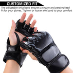 HASTHIP® Boxing Gloves Black Print MMA Gloves with Adjustable Wristband, Breathable Fingerless MMA Gloves for Boxing, Muay Thai and Sparring Sessions, Punching Gloves