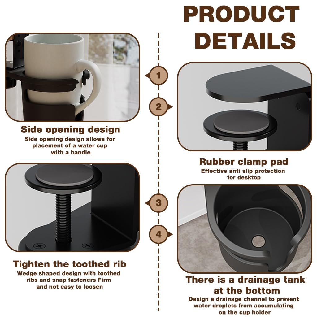 HASTHIP Desk Cup Holder for Home and Office with Swivel Design and Screw-Fix Clamp | Black Silicone Spill-Proof Drink Holder