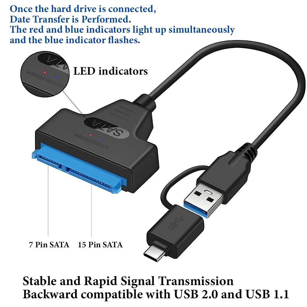 HASTHIP® USB 3.0 & USB-C to SATA III Adapter Cable for 2.5" SSD/HDD, UASP Support, Dual LED Indicators, Plug & Play External Hard Drive Converter for Data Transfer & Backup