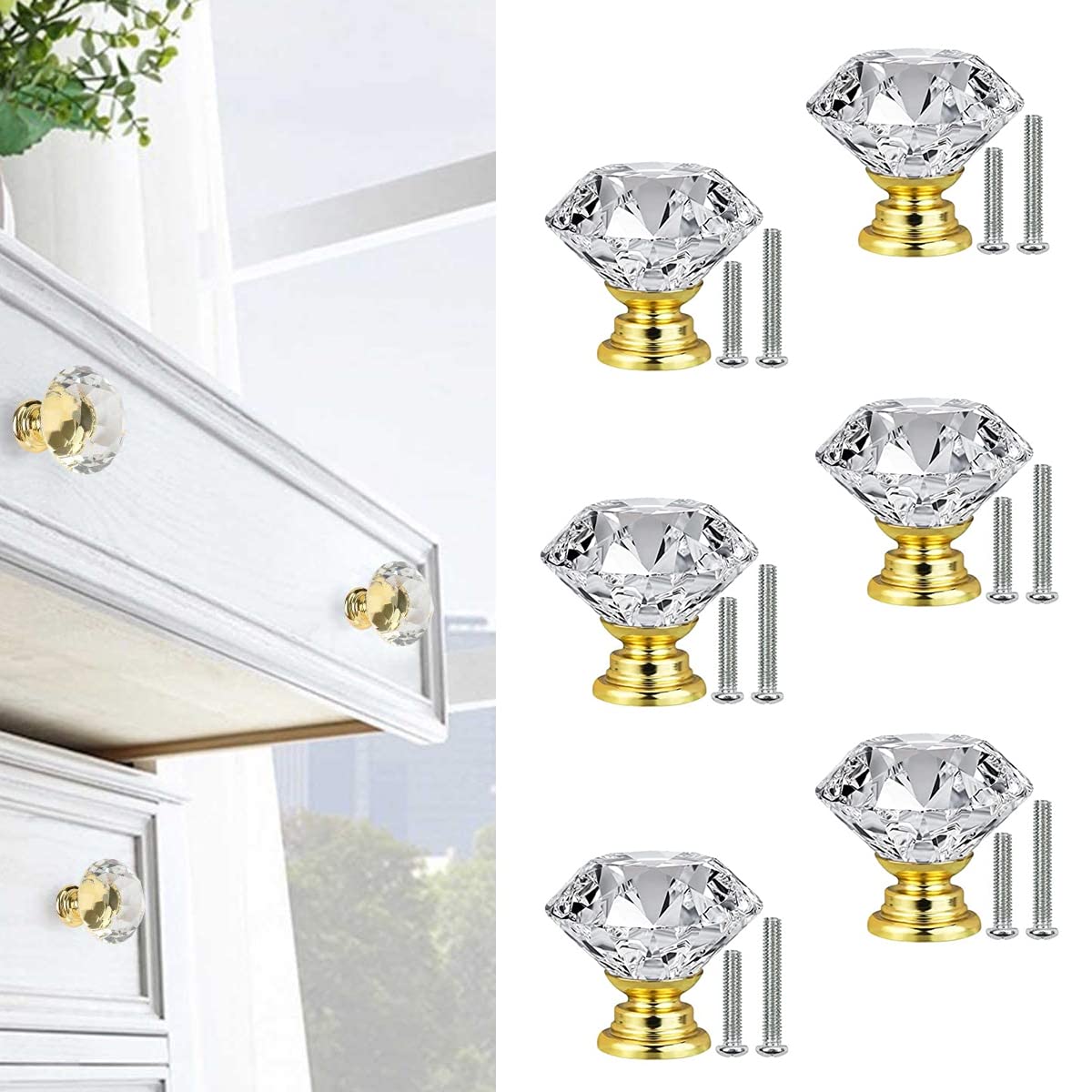 HASTHIP Cabinet Knob Pull Handle Set for Dresser and Drawers with 6 Pack 30mm Crystal Glass Diamond Knobs | Includes Screw Kit