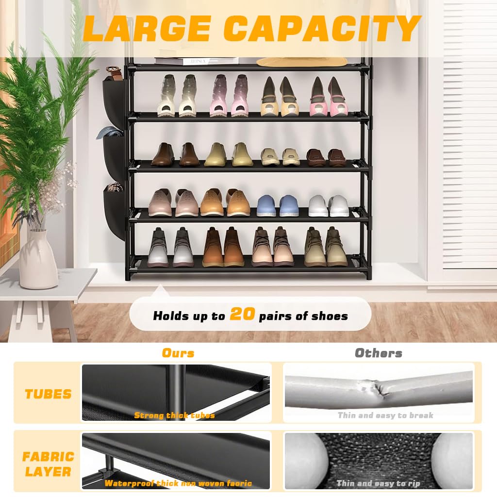 HASTHIP Shoe Rack for Entryway with 5 Tiers and 3 Side Pouches 85x28x88cm Non Woven Fabric