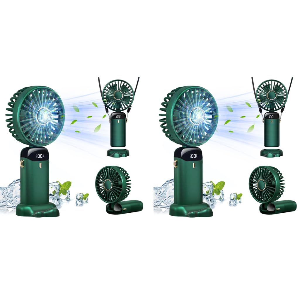 HASTHIP Hand Fan for Home Office and Travel with 3000mAh Battery featuring 5 Speeds and Foldable Design | Green 2 Pack