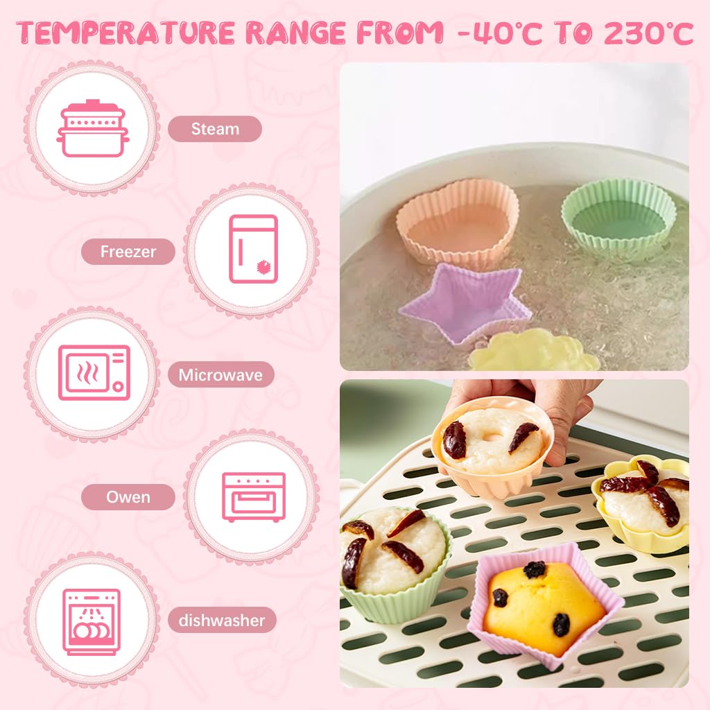 HASTHIP Silicone Cupcake Liners for Muffins and Pastries featuring 5 Shapes | BPA-Free Reusable Baking Cups