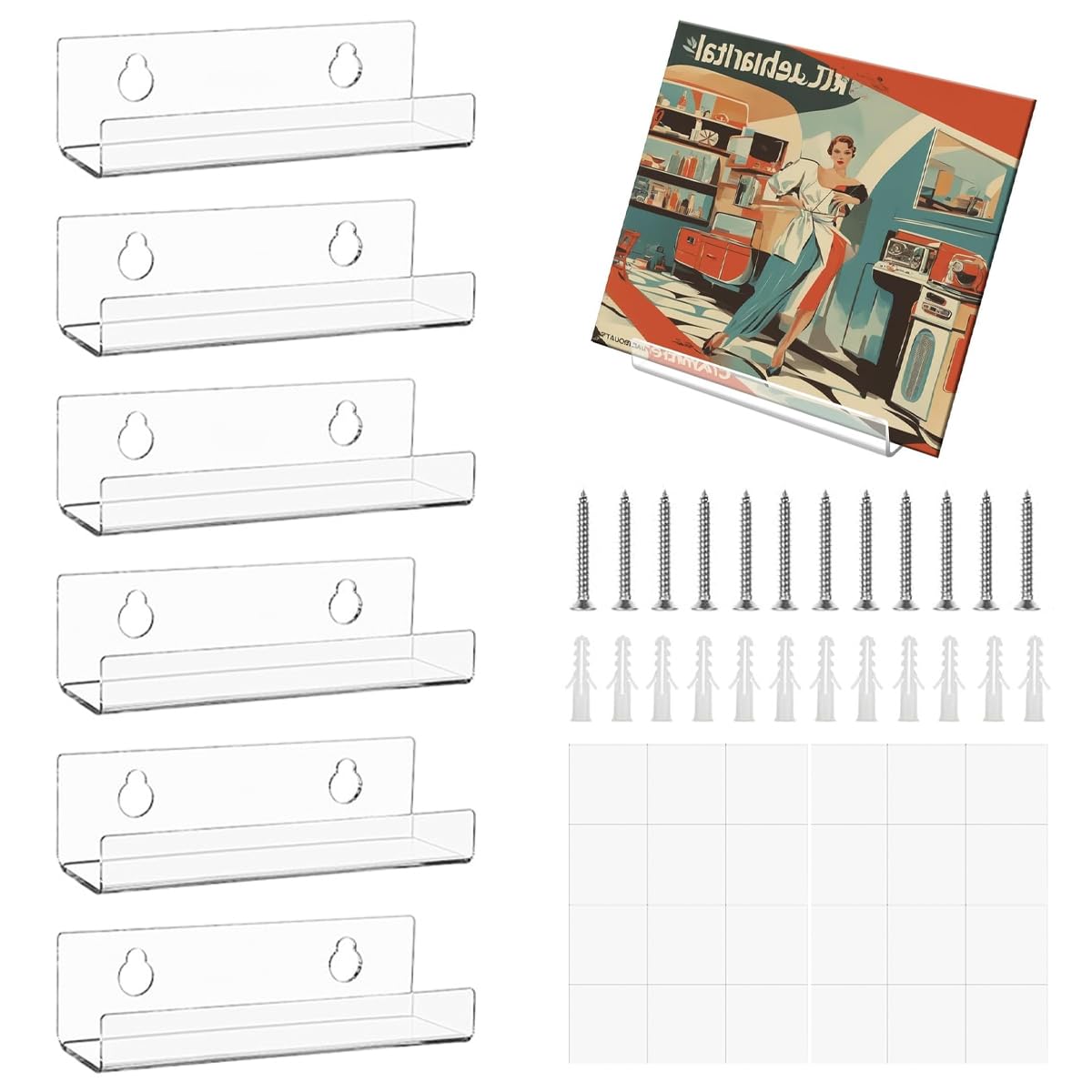 HASTHIP Vinyl Record Shelf Wall Mount for Album Display 6 Pack with 4 Inch Acrylic Racks | Clear Wall Storage Organizer