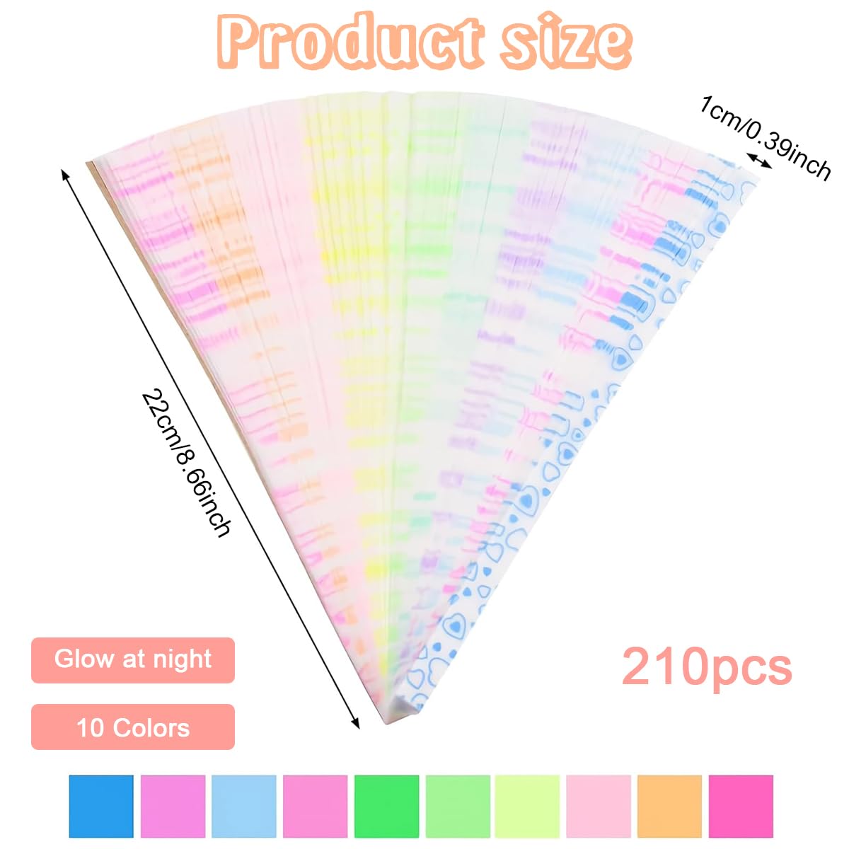 HASTHIP Heart-Shaped Origami Paper for DIY Crafts with 210 pcs 8.6 in Glossy Strips | 10 Colors Glow Design