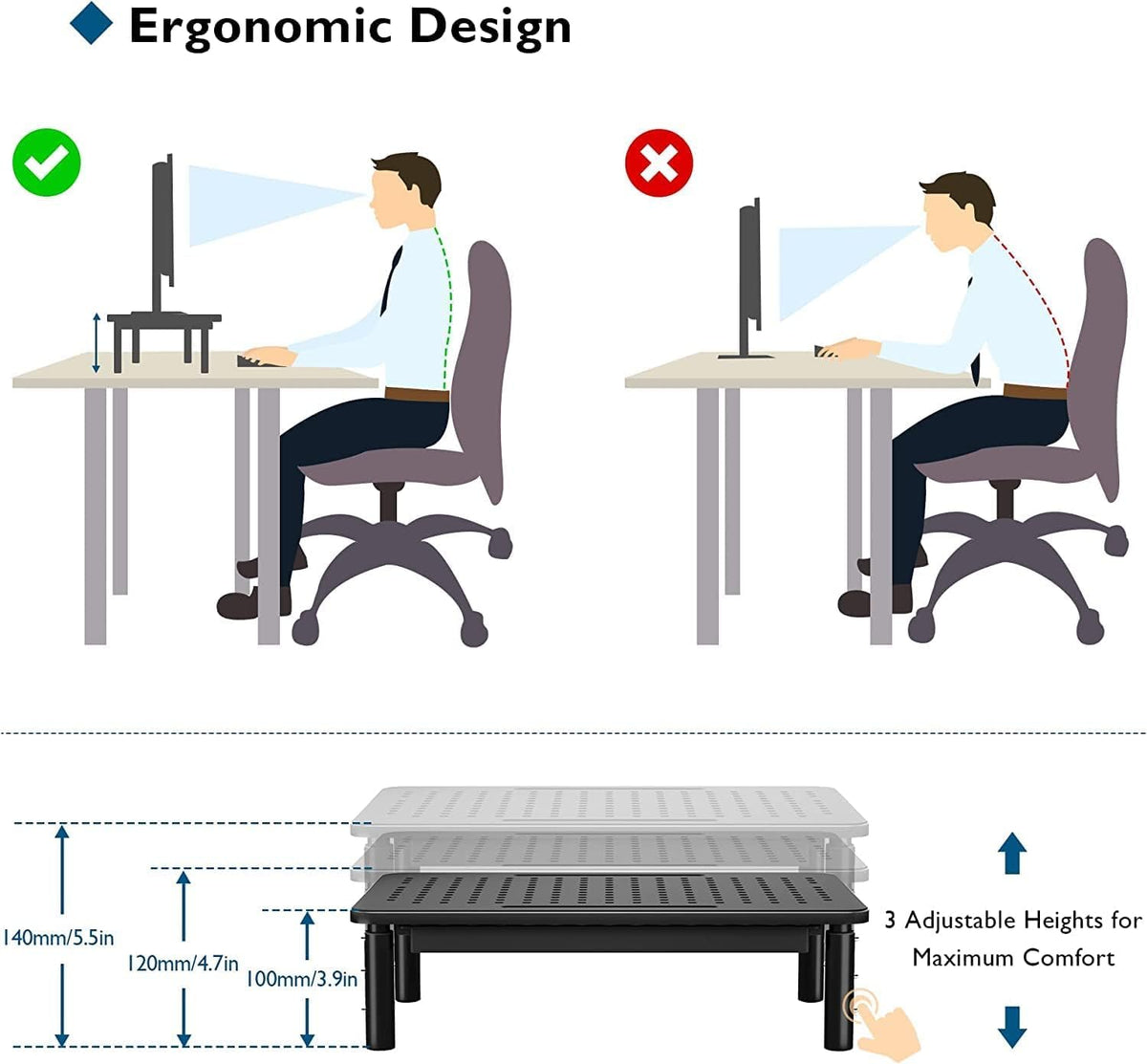 Monitor Stand for Desk, Monitor Stand Riser with Drawer 3 Height Adjustable PC Monitor Riser Stand Monitor Stand for Table Monitor Riser Printer Stand CPU Stand for Laptop Notebook Computer