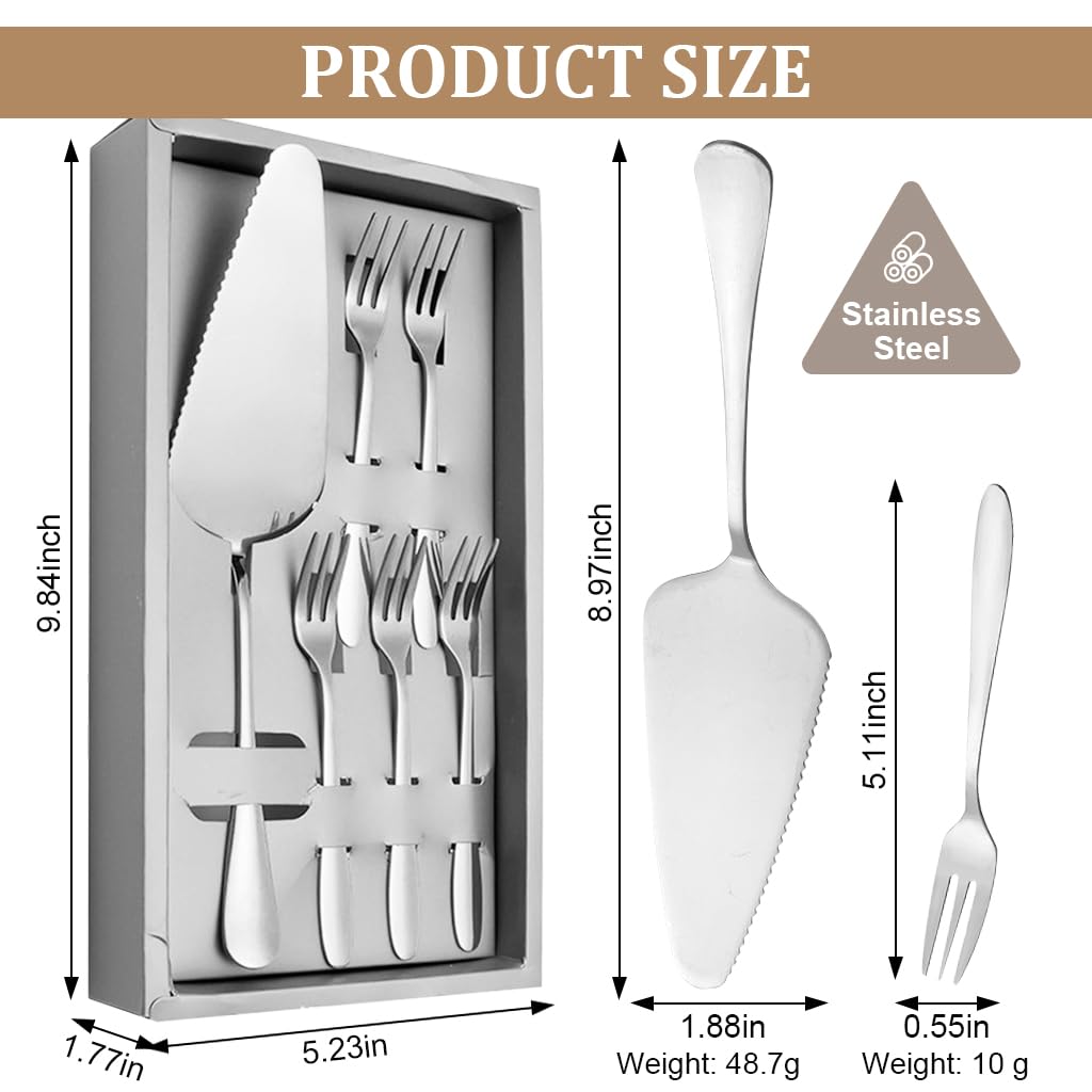 HASTHIP Cake Server Combo Set for Parties with 5Pcs Forks and 2 in 1 Serrated Cutter Silver