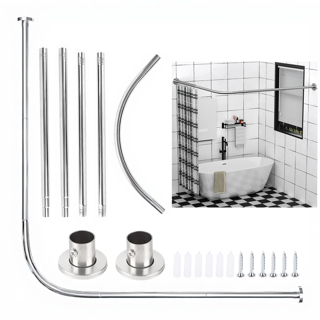 HASTHIP® Barra de cortina de ducha en esquina de acero inoxidable ajustable con cubierta de brida, varilla curva en forma de L para bañera y cabina de ducha, 108-138 cm