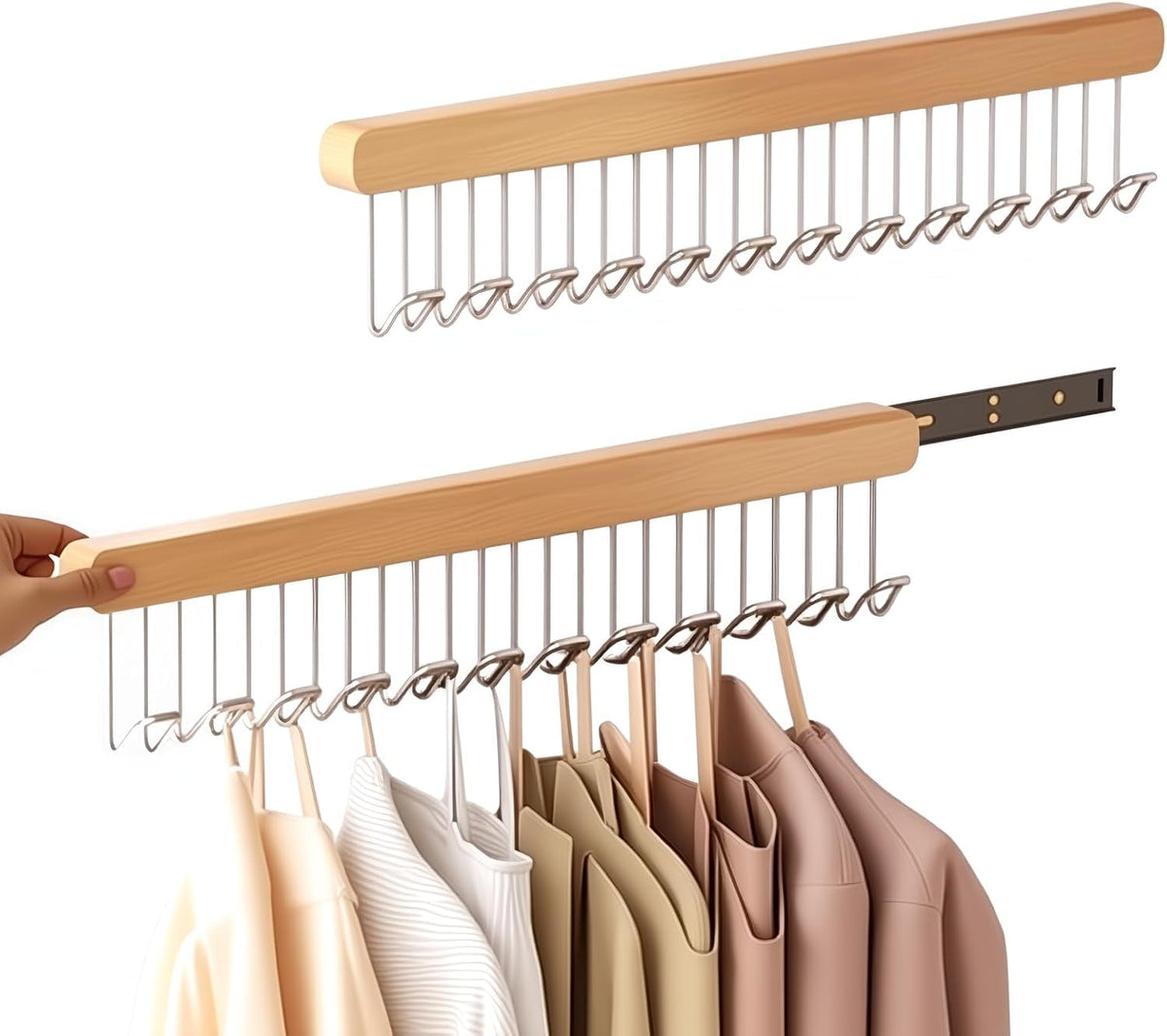 HASTHIP Wooden Hanger for Clothes with 12 Hooks 41x8cm | Sliding Wall Mounted Rack