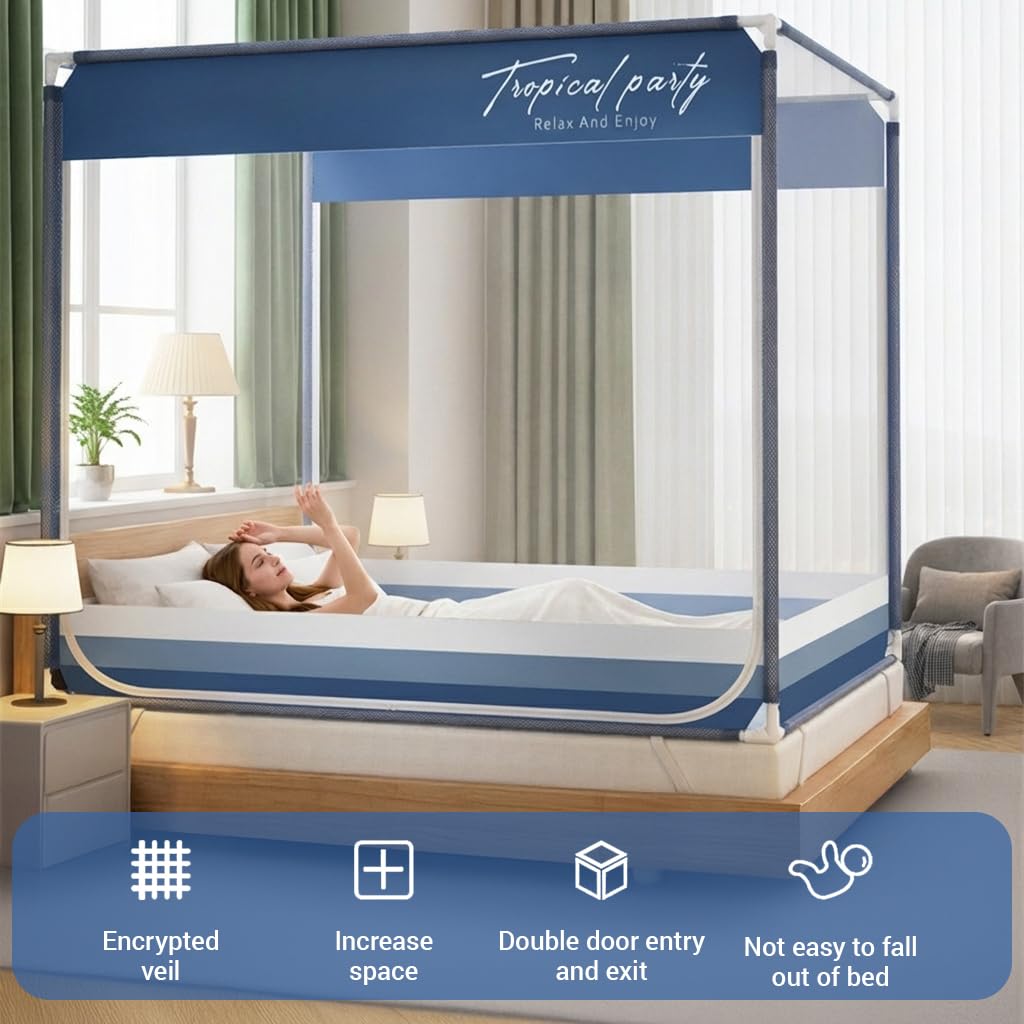 HASTHIP® Double Bed Mosquito Tent with Frame, Built in Phone Pocket & Charging Cable Open, Roofed Full Coverage Fine Mesh Mosquito Tent with Dual Side Zip-up Doors, 1.8m x 2m x 1.7m