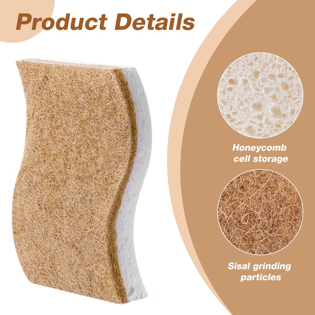 HASTHIP® 6 Pack Kitchen Sponges, Plant-Based Biodegradable Cellulose & Coconut Coir Scrub Sponges, Dual-Sided Non-abrasive Dish Sponges for Dishes, Countertops, Sink & Bathroom Cleaning
