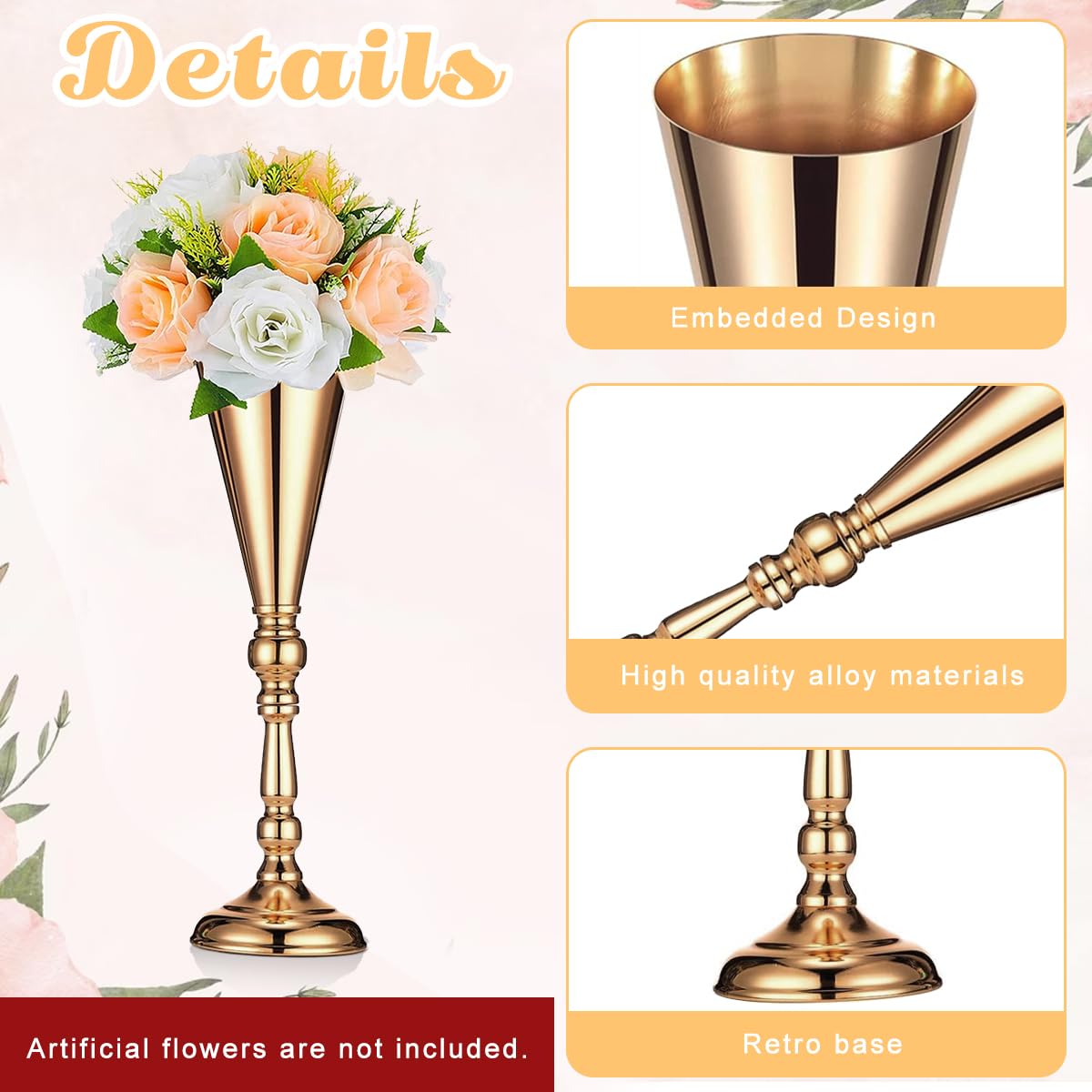 HASTHIP Tabletop Metal Wedding Flower Vase for Centerpieces with 16.5 in Height and Round Base | Luxury Golden Decor for Dining Table and Party