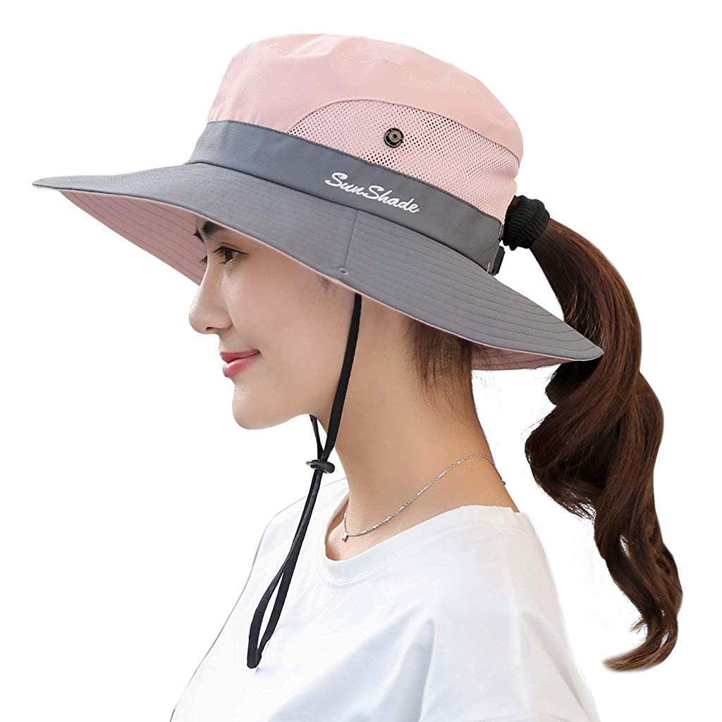 HASTHIP® Sombrero de Pescador para Mujer con Agujero para Coleta,Sombrero de Sol Plegable ala Ancha,Protección Solar UPF 50+ UV Transpirable Malla Verano Playa
