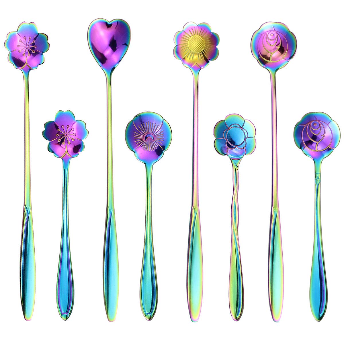 Hasthip Coffee Spoon Set for Tea and Dessert with Floral Shaped Design 8 Pcs 13.1 cm | Colorful Stainless Steel Reusable Teaspoons