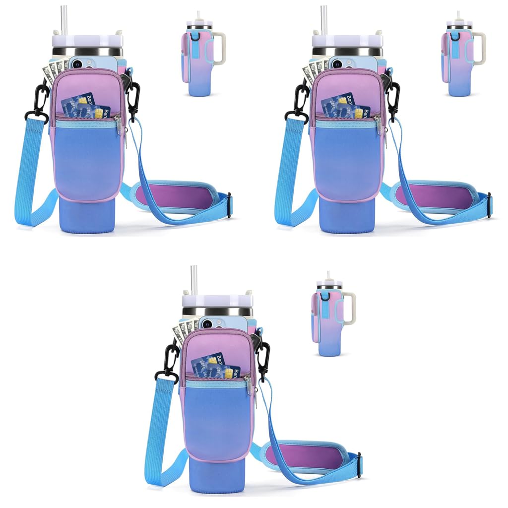 HASTHIP Water Bottle Carrier Bag for Stanley 40oz Tumbler with Phone Pouch and Strap | Neoprene Gradient Purple 3 PCS
