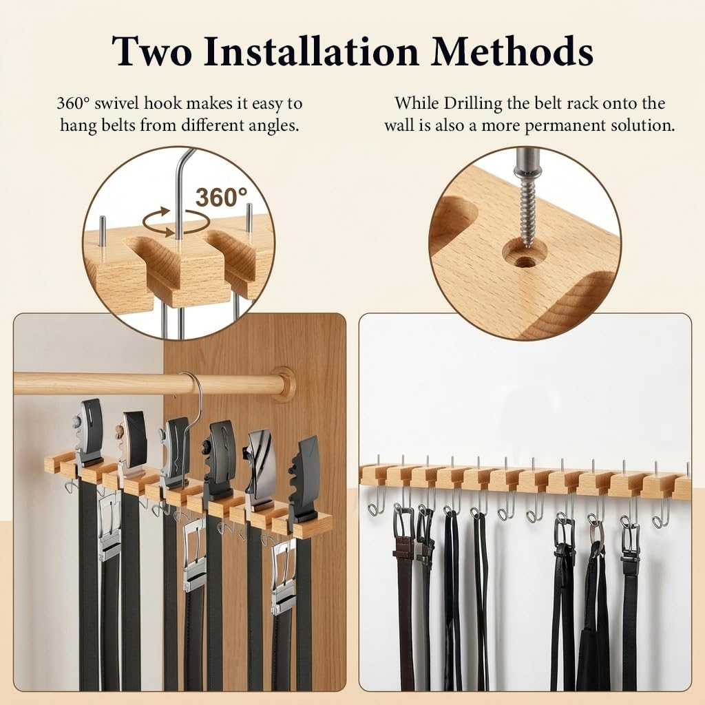 HASTHIP 2-in-1 Belt Hanger Organizer with 360° Rotating Hooks for Belts, Ties & Scarves