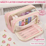 HASTHIP® BrandName Large Capacity Pencil Case, Triple Layer Zippered Stationery Organizer Bag for School Office Travel, Scrapbooking Supplies Holder, 23x10x13cm, Pink