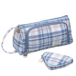 HASTHIP® VilaLuna Plaid Canvas Pencil Case for Girls, Large Capacity Organizer Pouch with Handle, Multi-Compartment School Stationery Bag for Students, Cosmetics, Travel, Office, Blue