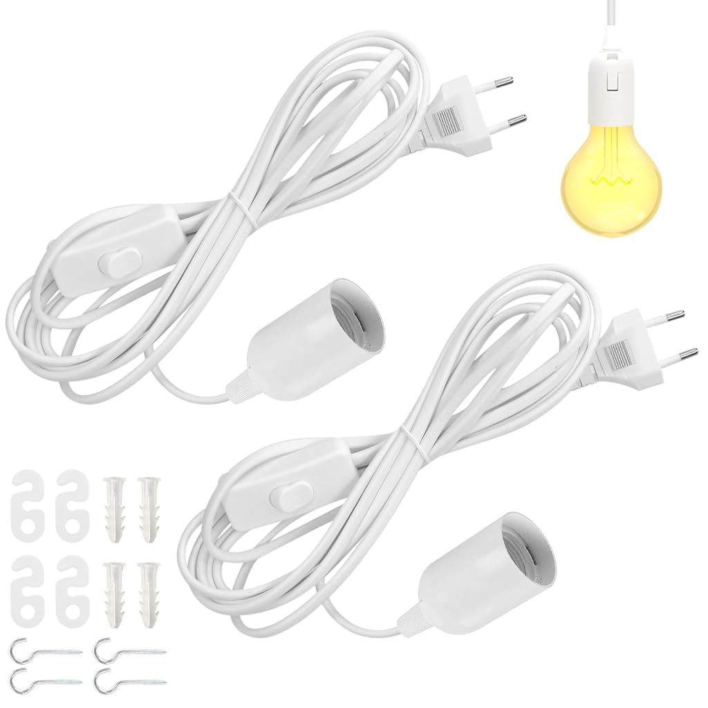 HASTHIP® BrandName 2 Pack E27 Lamp Holder with Cable, Switch & EU Plug, Hanging Pendant Light Socket with 2m Power Cord, Edison Screw Lamp Base for DIY Lighting in Kitchen, Living Room, Bedroom