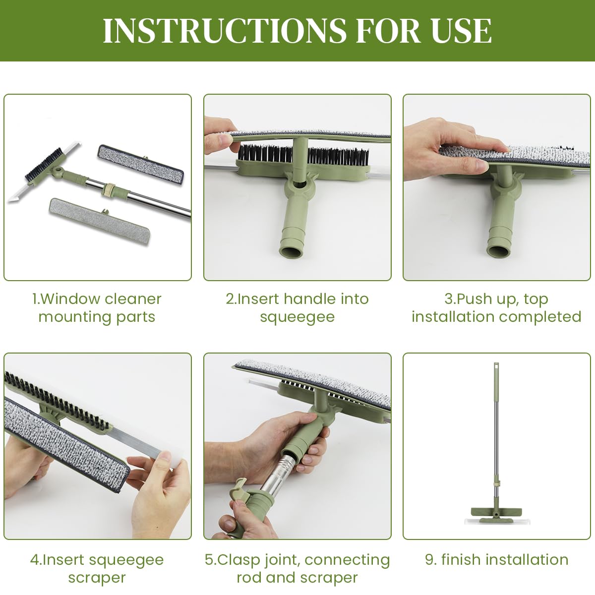 HASTHIP Window Squeegee Cleaner for Glass and Floor with 27.56–43.31 in Steel Pole featuring 180° Rotatable Head | Includes 2 Microfiber Attachments