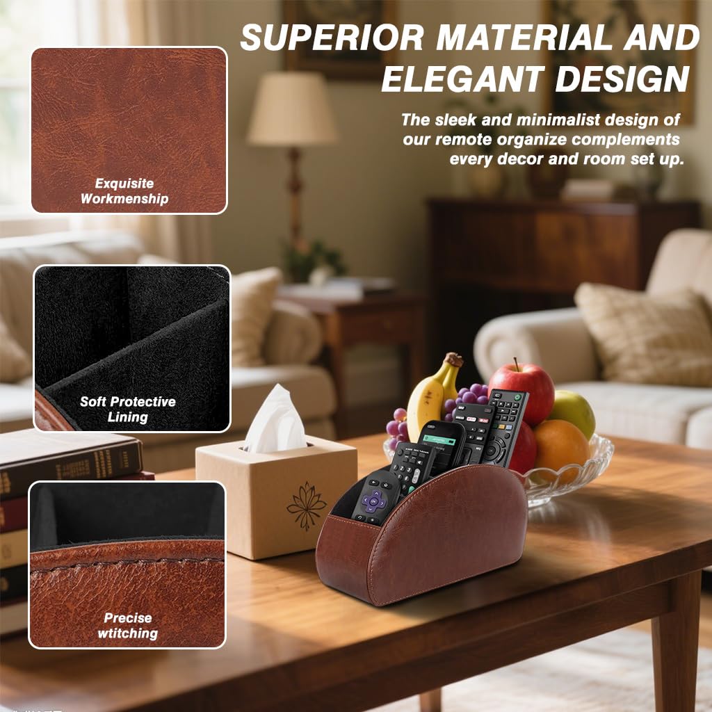 HASTHIP Remotes Organizer for Desk and Living Room featuring 5 Compartments | PU Leather Holder