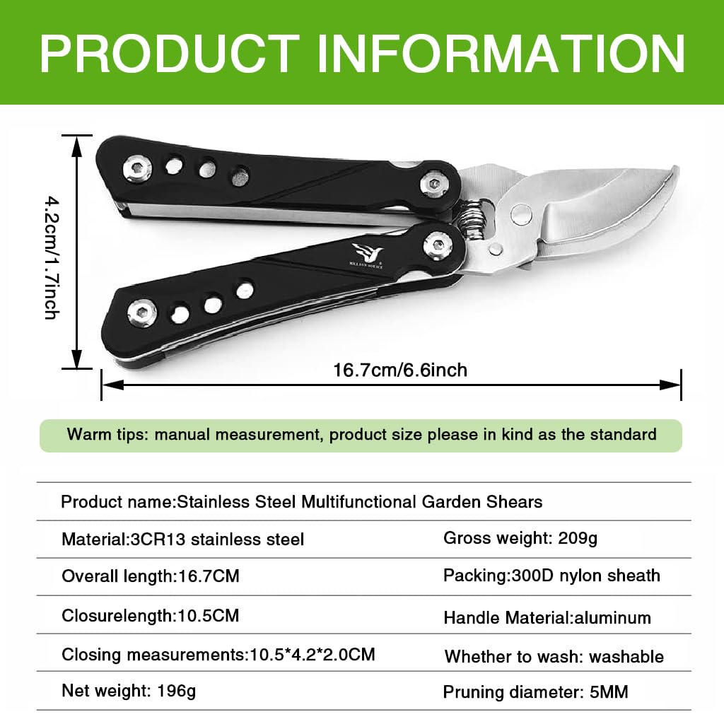 HASTHIP Gardening Scissors for Trimming and Grafting with 5 Built in Mini Tools | Stainless Steel Spring Loaded Folding Pruner