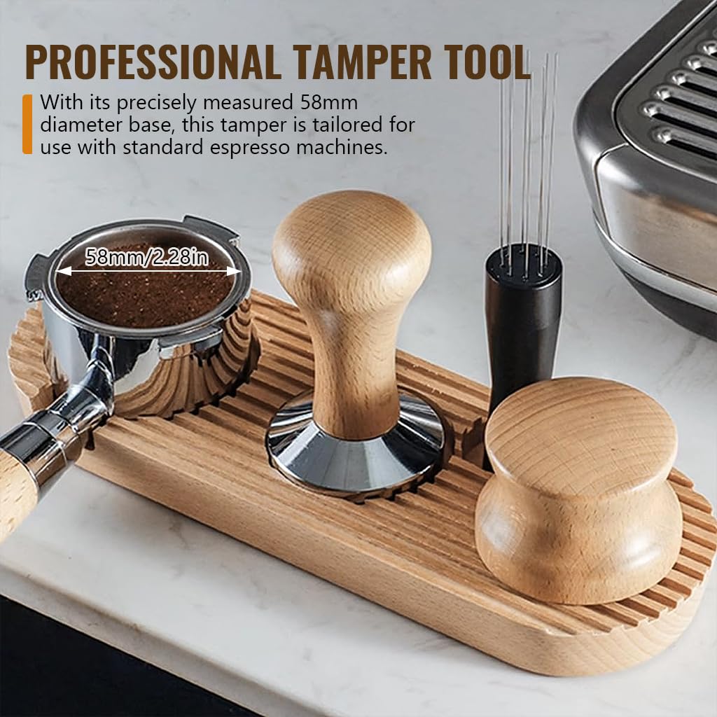 HASTHIP® 58mm Espresso Tamper Heavy Duty Stainless Steel Barista Coffee Tamper Elegant Solid Wooden Handle Espresso Tamper Espresso Tamper Coffee