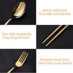 HASTHIP Cutlery Set with 2 Forks 2 Spoons and 2 Pairs Chopsticks 21 cm | Stainless Steel 410 Black Gold Gift Box