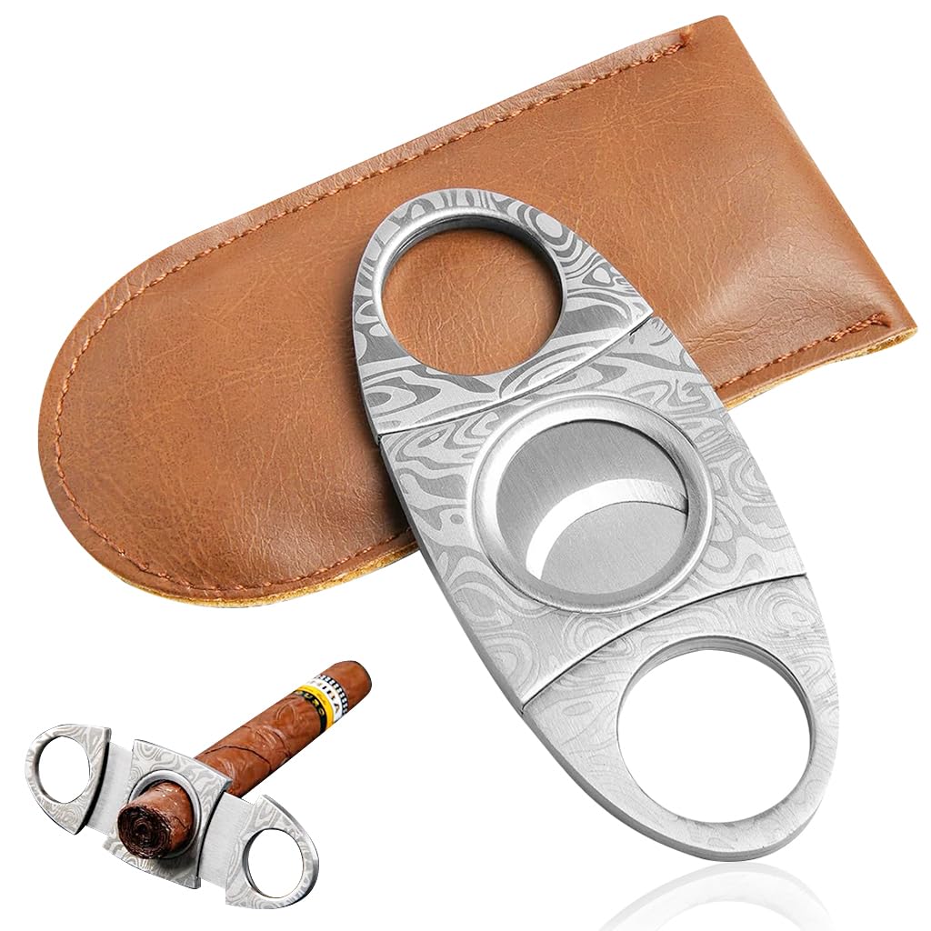 HASTHIP Cigar Cutter with Double Stainless Steel Blades and PU Pouch | Silver Etched Design